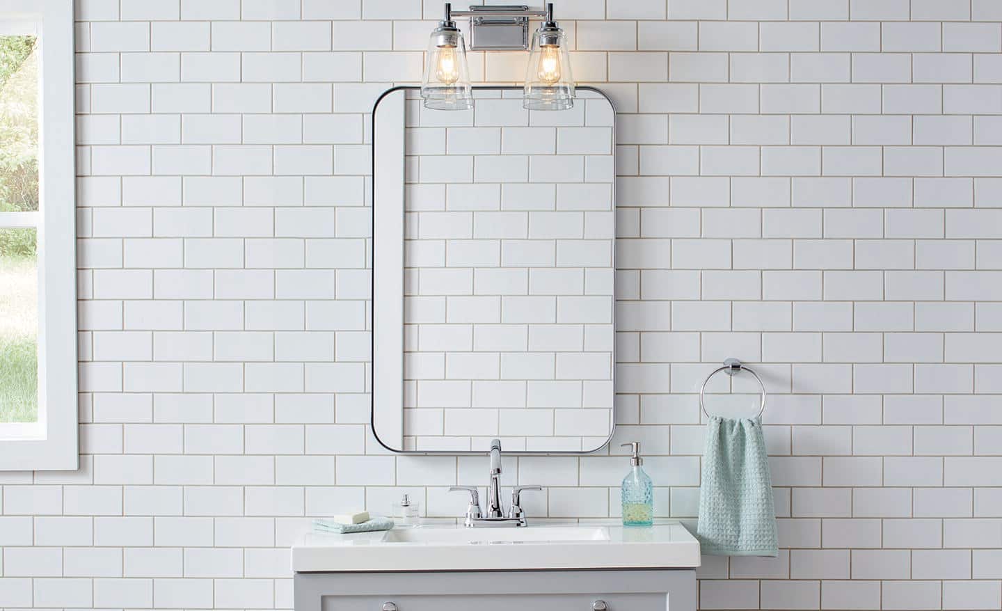 White subway tile bathroom vanity wall in Newington CT