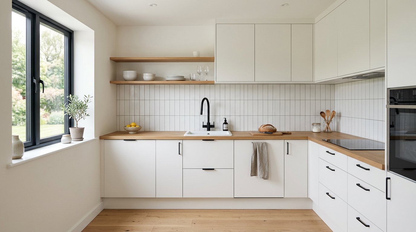 Minimalist white kitchen with stacked subway tile in Newington CT